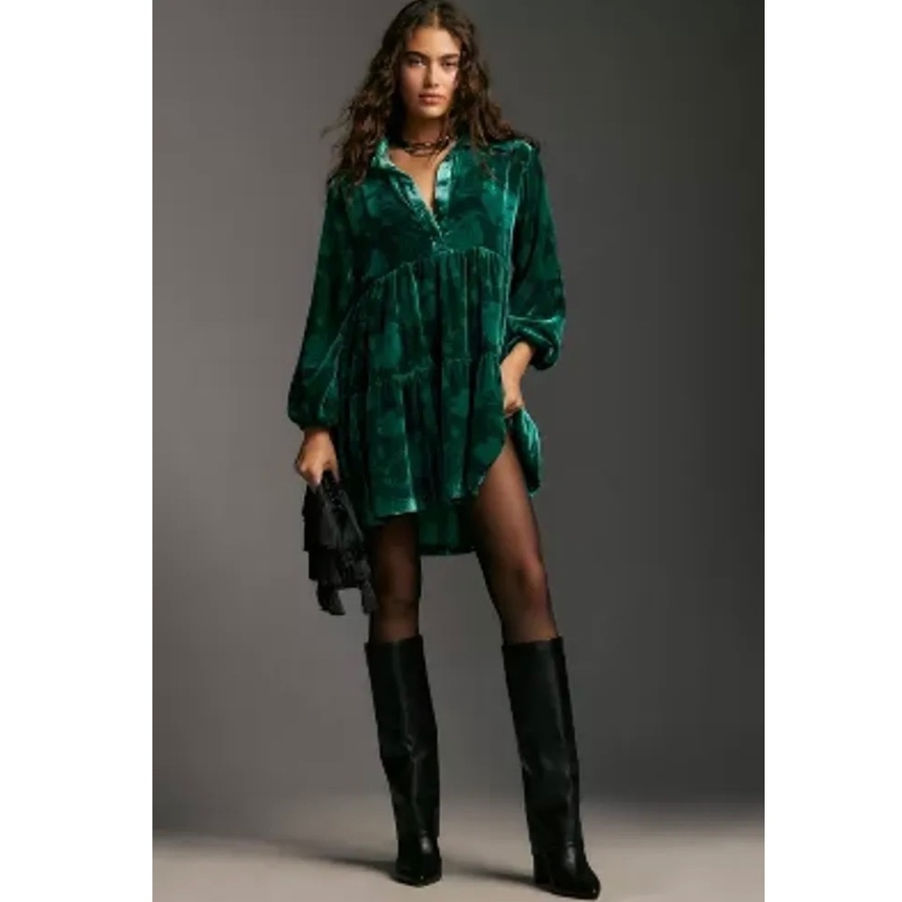 Anthropologie Maeve Bettina Tiered Velvet Shirtdress, size L, green, EUC